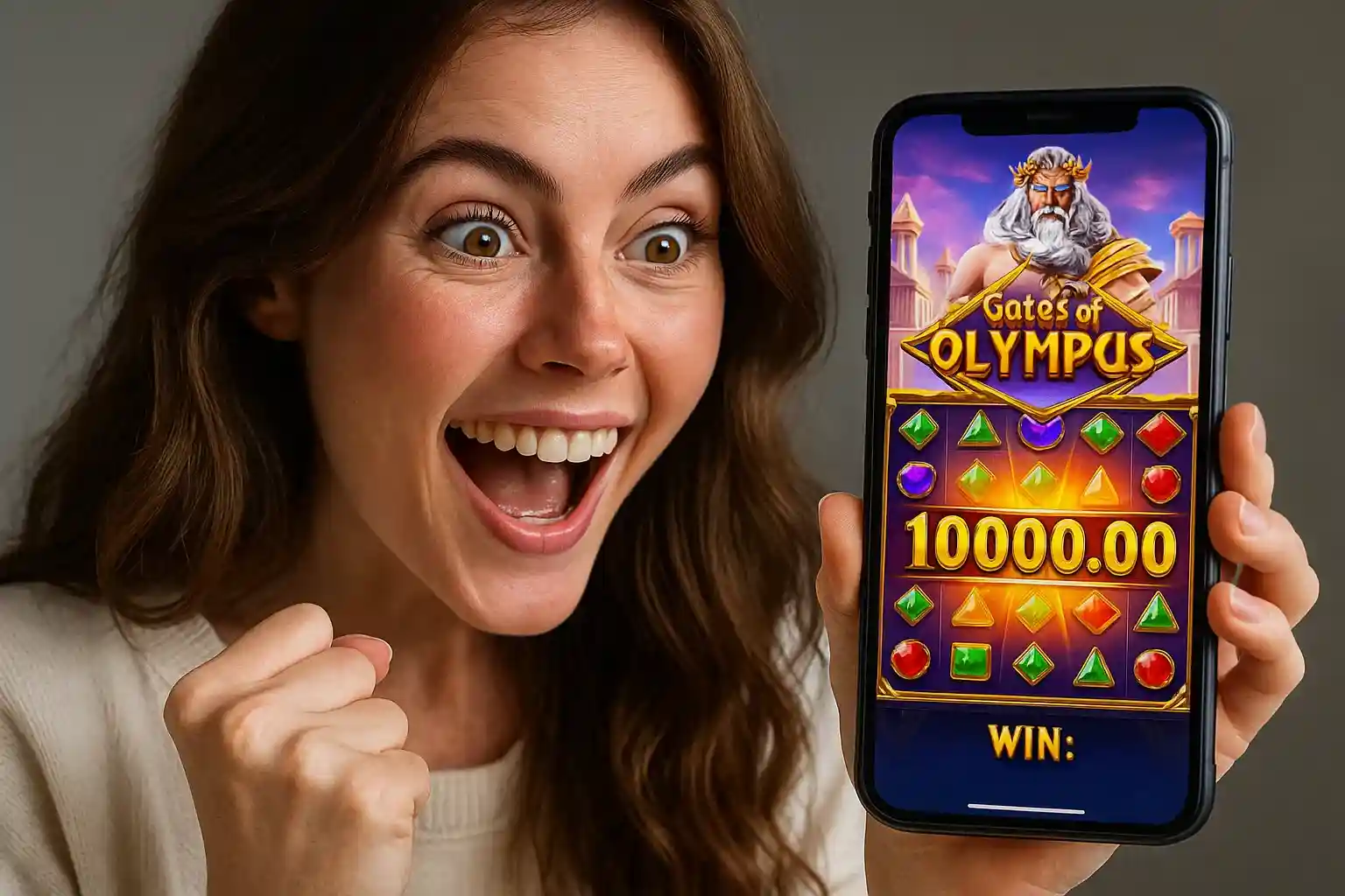 Woman celebrating big mobile slot win on Gates of Olympus game