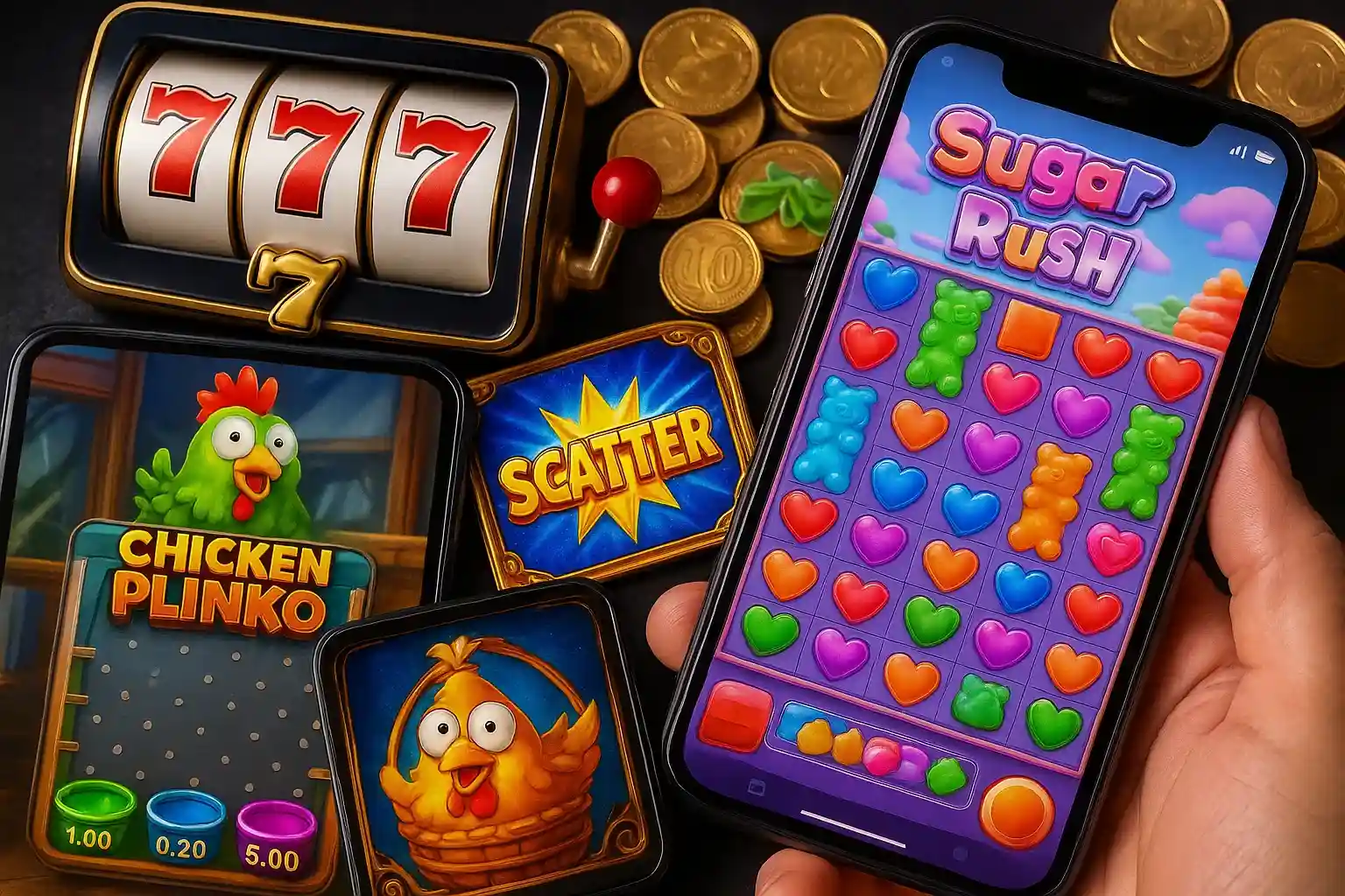Mobile slots with Chicken Plinko, Sugar Rush, scatter symbols and coins